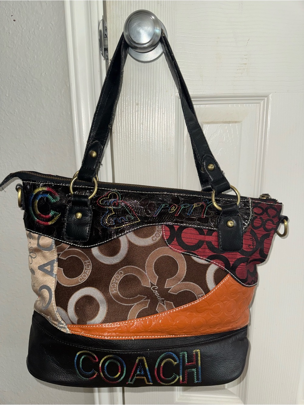 Coach Multicolor Patchwork Signature Shoulder Bag - Black/Orange/Brown/Red